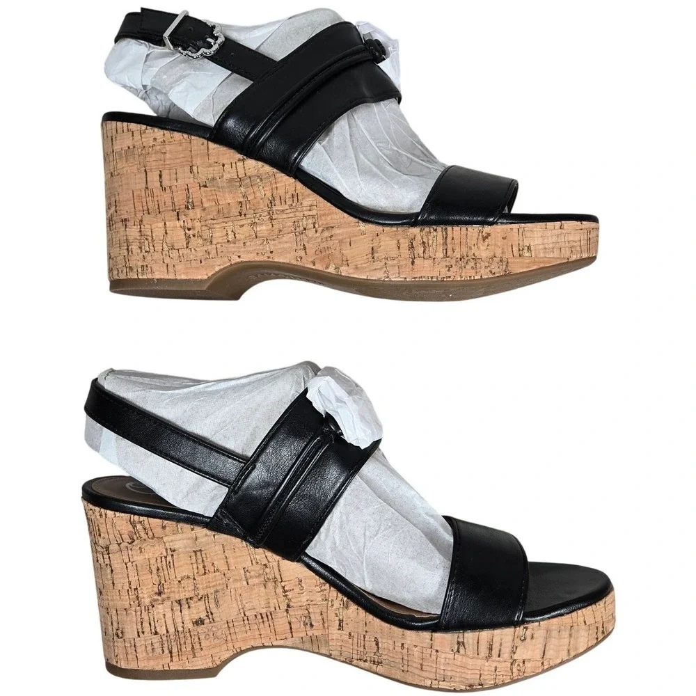 Sam & Libby Black‎ Leather Cork Platform Wedge Sandals Size 9